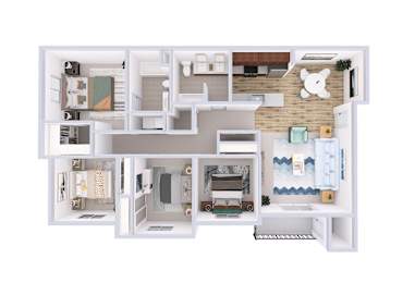 A white dollhouse with a teddy bear on the wall.