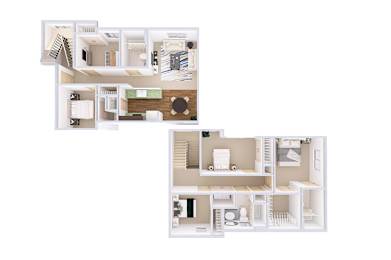 A floor plan of a two-story apartment with a living room, kitchen, and bedrooms.