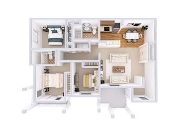 A white 3D floor plan of a small apartment with a kitchen, living room, and two bedrooms.