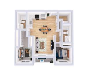 A top down view of a small apartment with a living room, kitchen, and bedroom.