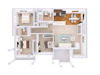 A 3D floor plan of a small apartment with a kitchen, living room, and bathroom.