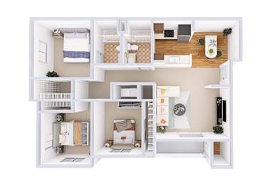 A white floor plan of a house with a kitchen, living room, and bedrooms.