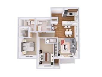 A floor plan of a house with a kitchen, living room, and two bedrooms.