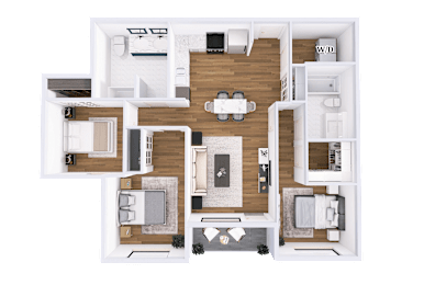 A detailed 3D floor plan of a house layout.