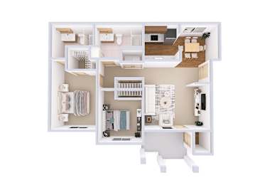 A 3D floor plan of a house with a kitchen, living room, and bathroom.