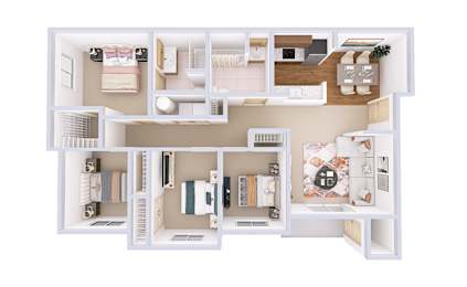 A white dollhouse with a kitchen, living room, and bedroom.