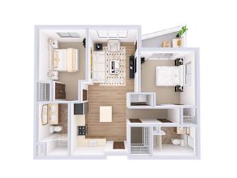 A 3D floor plan of a small apartment with a kitchen, living room, and bathroom.