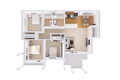 A white floor plan of a house with a kitchen, living room, and bathroom.