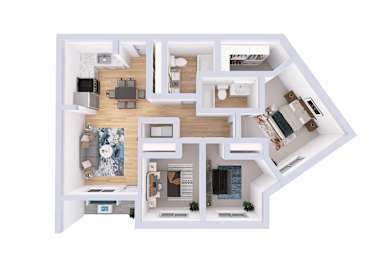 A top-down view of a house layout with a kitchen, living room, and bedrooms.