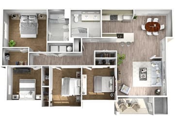 Four Bedroom Two Bath Floor Plan with 1422 square feet at Manor Way Apartments Everett Washington