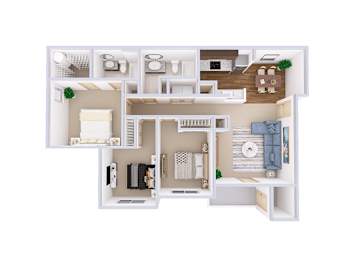 A detailed 3D floor plan of a small apartment.