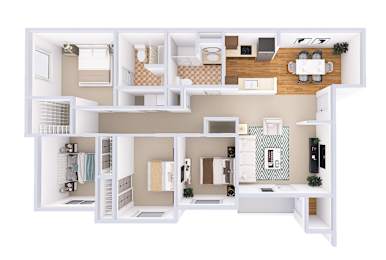 A top-down view of a small apartment with a kitchen, living room, and bedroom.