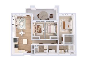 A 3D floor plan of a small apartment with a kitchen, living room, and bathroom.