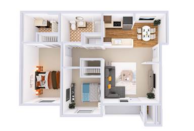 A top-down view of a small apartment with a kitchen, living room, and bedroom.