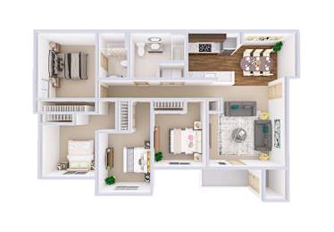 A white dollhouse with a kitchen, living room, and bedroom.