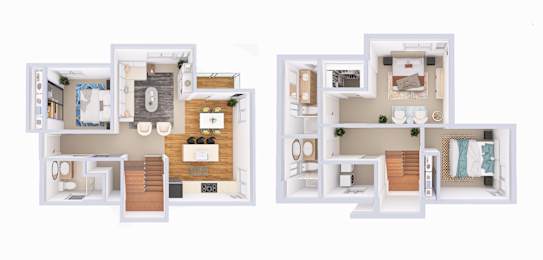 A floor plan of a two-story house with a living room, kitchen, and bedrooms.