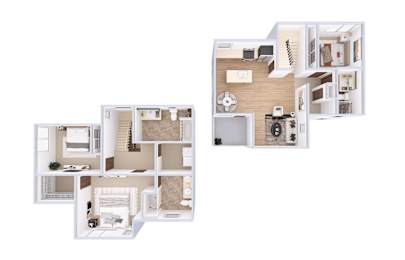 A cutaway diagram of a house showing the interior layout.