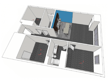 A drawing of a house with a kitchen, living room, and two bedrooms.