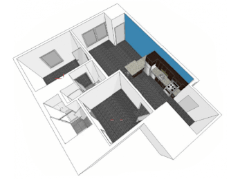 A 3D floor plan of a house with a kitchen, living room, and two bedrooms.