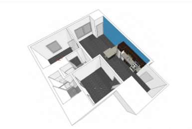 A floor plan of a house with a kitchen, living room, and two bedrooms.