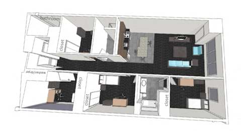 A floor plan of a house with a bathroom, closet, and kitchen.