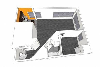 A floor plan of a small apartment with a washer/dryer in the corner.