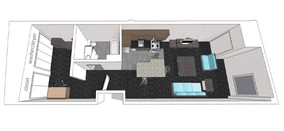 A floor plan of a small apartment with a washer/dryer and a closet.