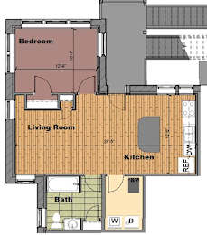 the floor plan of a small apartment with a bedroom and a living room