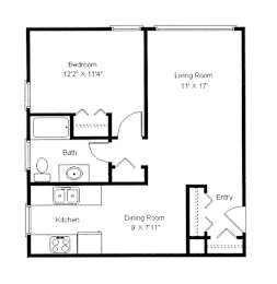 A floor plan of a small apartment with a bedroom, living room, kitchen, and dining room.