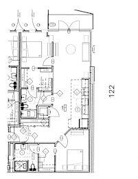 A floor plan of a house with a kitchen, living room, and bathrooms.