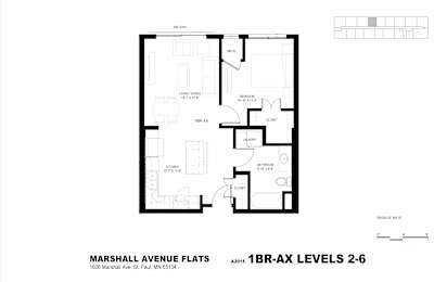 A black and white image of a floor plan for Marshall Avenue Flats.