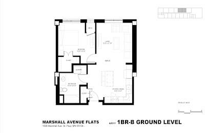 A black and white image of a floor plan for the Marshall Avenue Flats.