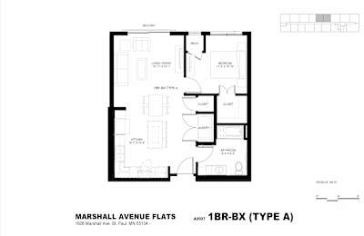 A black and white image of a floor plan for a property located at 1650 Marshall Ave, St. Paul, MN 55104.