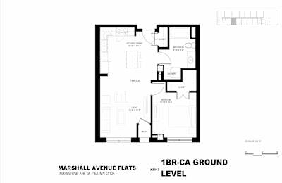 A black and white image of a floor plan for the Marshall Avenue Flats.