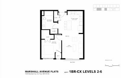 A black and white image of a floor plan for the Marshall Avenue Flats.