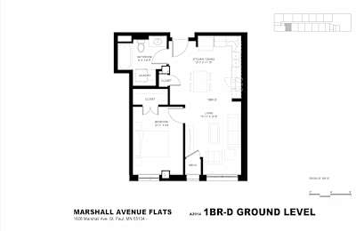 A black and white image of a floor plan for the Marshall Avenue Flats.