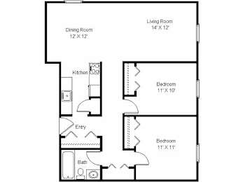 A floor plan of a small apartment with a kitchen, two bathrooms, and two bedrooms.