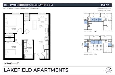 A floor plan for a 2 bedroom, one bathroom apartment at Lakefield Apartments.
