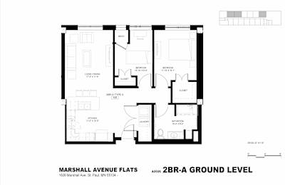 A black and white image of a floor plan for the Marshall Avenue Flats.