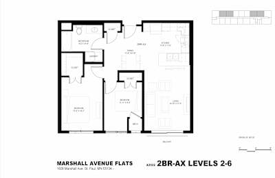 A black and white image of a floor plan for Marshall Avenue Flats.