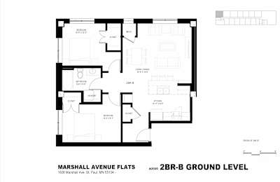 A black and white image of a floor plan for the Marshall Avenue Flats.