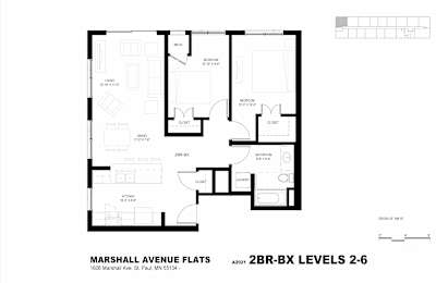 A black and white image of a floor plan for Marshall Avenue Flats.