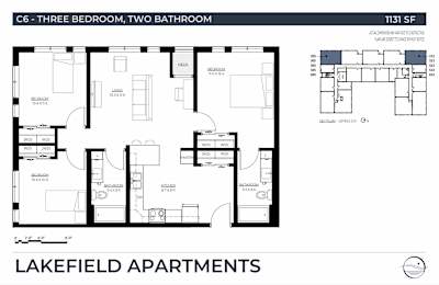 A floor plan for a three bedroom, two bathroom apartment.