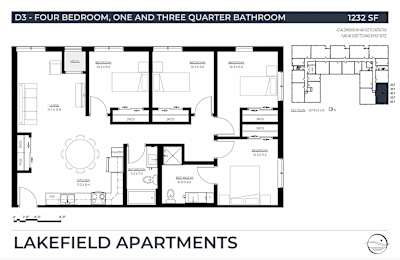 A floor plan of apartment D3 with four bedrooms and one and three quarter bathrooms.