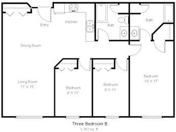 A black and white image of a floor plan for a three bedroom apartment.