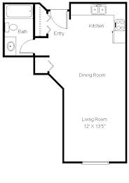 A floor plan of a living space with a living room, dining room, kitchen, and bathroom.