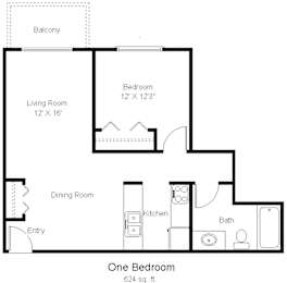 A floor plan of a one bedroom apartment is shown.