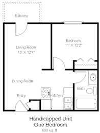 A floor plan of a handicapped unit with one bedroom.