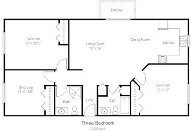 A floor plan of a three bedroom apartment.