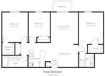 A black and white image of a three bedroom apartment floor plan.